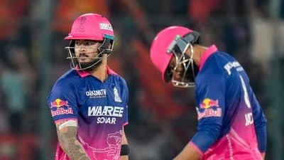 Rajasthan Royals' captain Riyan Parag, left, and Ravindra Jadeja during the IPL 2026 match between Sunrisers Hyderabad and Rajasthan Royals (PTI)