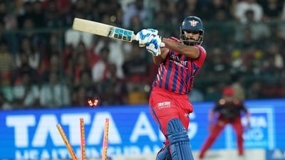 Nicholas Pooran getting bowled in the RCB vs LSG match in IPL 2026. (PTI) Nicholas Pooran getting bowled in the RCB vs LSG match in IPL 2026. (PTI)