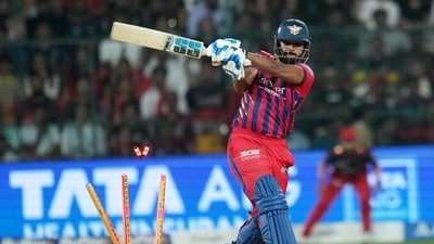 Lucknow Super Giants' Nicholas Pooran bowled during the Indian Premier League (IPL) 2026 T20 cricket match between Royal Challengers Bengaluru and Lucknow Super Giants, at M Chinnaswamy Stadium (PTI)