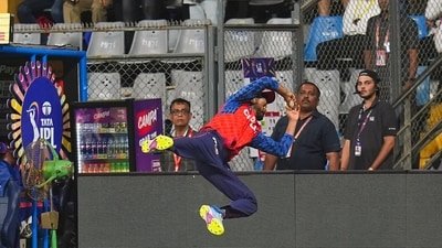Shreyas Iyer takes an acrobatic, athletic grab before relaying it to Xavier Bartlett. (PTI)