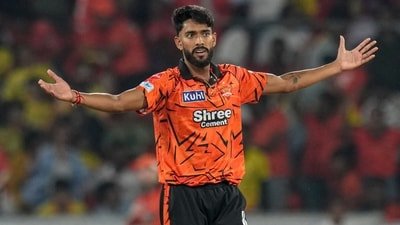 Sunrisers Hyderabad's Praful Hinge celebrates after his team's win during the IPL 2026 match against Rajasthan Royals (PTI)