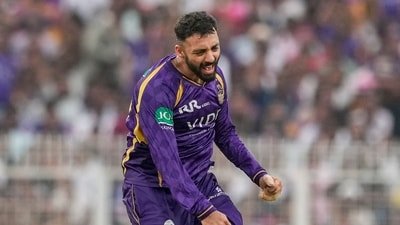 Varun Chakravarthy celebrates a wicket against RR during his spell of 3/14. (PTI)