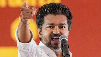 Actor and Tamilaga Vettri Kazhagam (TVK) chief Vijay addresses a public meeting ahead of the Tamil Nadu Assembly elections, in Chennai. (PTI)
