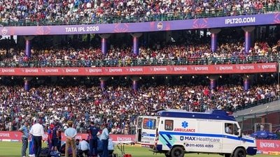 Lungi Ngidi being taken by an ambulance after facing an injury during the IPL 2026 match between DC and PBKS. (PTI)