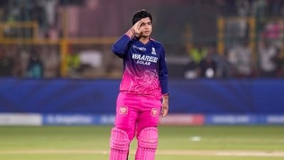 Vaibhav Sooryavanshi celebrates his century vs SRH. (PTI)