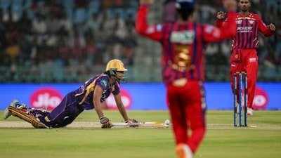 Kolkata Knight Riders' Angkrish Raghuvanshi dives to reach the crease during the IPL 2026 T20 cricket match against Lucknow Super Giants (PTI)