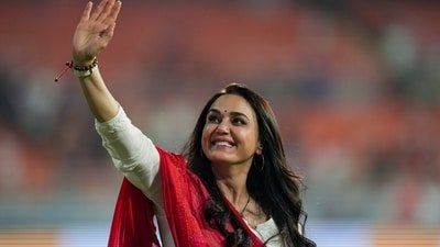 Punjab Kings' co-owner Preity Zinta gestures after the Indian Premier League (IPL) 2026 T20 cricket match between Punjab Kings and Rajasthan Royals, in Mullanpur.
(PTI Photo/Shiva Sharma)(PTI04_28_2026_000694B) (PTI)