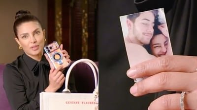 Priyanka Chopra flaunts her love for Malti and Nick Jonas that she carries with her in her bag.