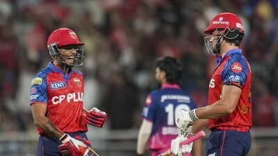 Punjab Kings' Marcus Stoinis (R) and Suryansh Shedge during an IPL match against Rajasthan Royals. (PTI)