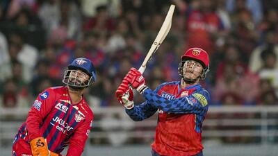 Punjab Kings opener Priyansh Arya plays a shot during his 37-ball 93 against Lucknow Super Giants in the IPL in New Chandigarh on Sunday. (PTI)