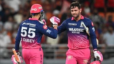 Rajasthan Royals' Donovan Ferreira (R) and Rajasthan Royals' Shubham Dubey celebrates after the match. (AP)