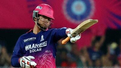 Rajasthan Royals batter Vaibhav Suryavanshi celebrates after reaching his half century against Royal Challengers Bengaluru in Guwahati on Friday. (REUTERS)