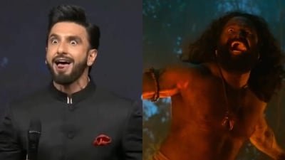 Ranveer Singh imitates Rishab Shetty's Kantara Chapter 1 climax scene.