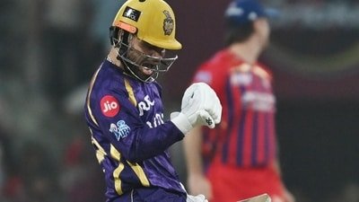 Rinku Singh of Kolkata Knight Riders celebrates after win over LSG in Lucknow. (HT_PRINT)