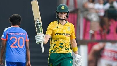 South Africa skipper Laura Wolvaardt celebrates her fifty in the eight-wicket win over India in their second T20 International at Kingsmead, Durban on Sunday. (CSA Photo)
