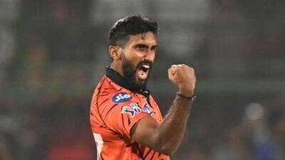 Sunrisers Hyderabad's Eshan Malinga celebrates after taking a wicket in the IPL. (AP)