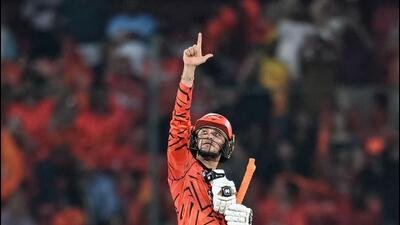 Sunrisers Hyderabad's Indian cricket player Abhishek Sharma celebrates after scoring a century against Delhi Capitals at the Rajiv Gandhi International Stadium in Hyderabad. (AFP)