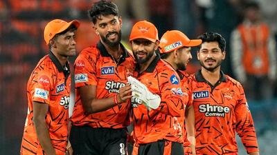 Sunrisers Hyderabad's Praful Hinge, second left, celebrates with teammates. (AP) Sunrisers Hyderabad's Praful Hinge, second left, celebrates with teammates. (AP)