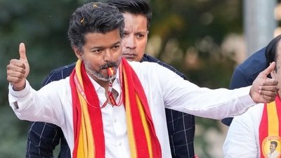 Tamilaga Vettri Kazhagam (TVK) chief and actor Vijay during a roadshow ahead of the Tamil Nadu Assembly elections, in Chennai. (PTI)