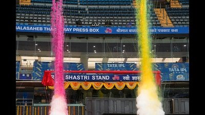 The Ravi Shastri Stand is unveiled at Wankhede Stadium, in Mumbai, Thursday (PTI)