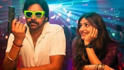 Pawan Kalyan and Sreeleela in a still from Harish Shankar's Ustaad Bhagat Singh.