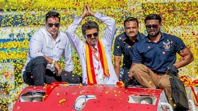 Actor and Tamilaga Vettri Kazhagam (TVK) chief Vijay during a roadshow ahead of the Tamil Nadu Assembly elections. (PTI)