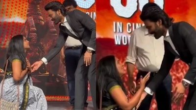 Dhanush stops fan from touching his feet at Kara pre-release event. (X/Instagram)