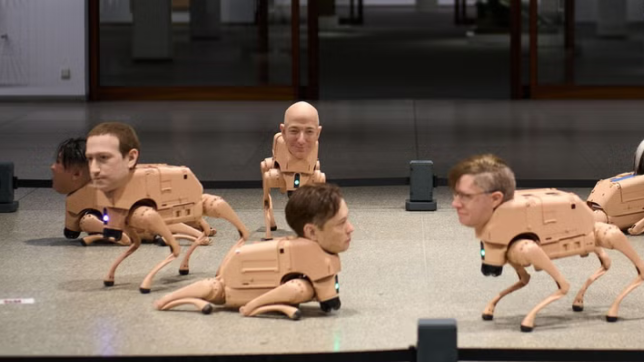 Billionaires turned AI dogs: robot dogs with Elon Musk, Jeff Bezos and Mark Zuckerberg faces roam a Berlin museum