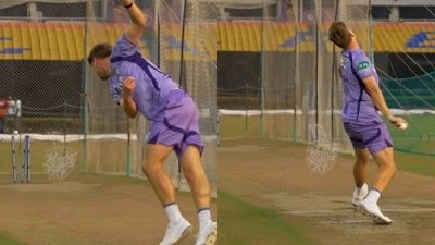 Cameron Green bowling in the nets for KKR. (KKR X)