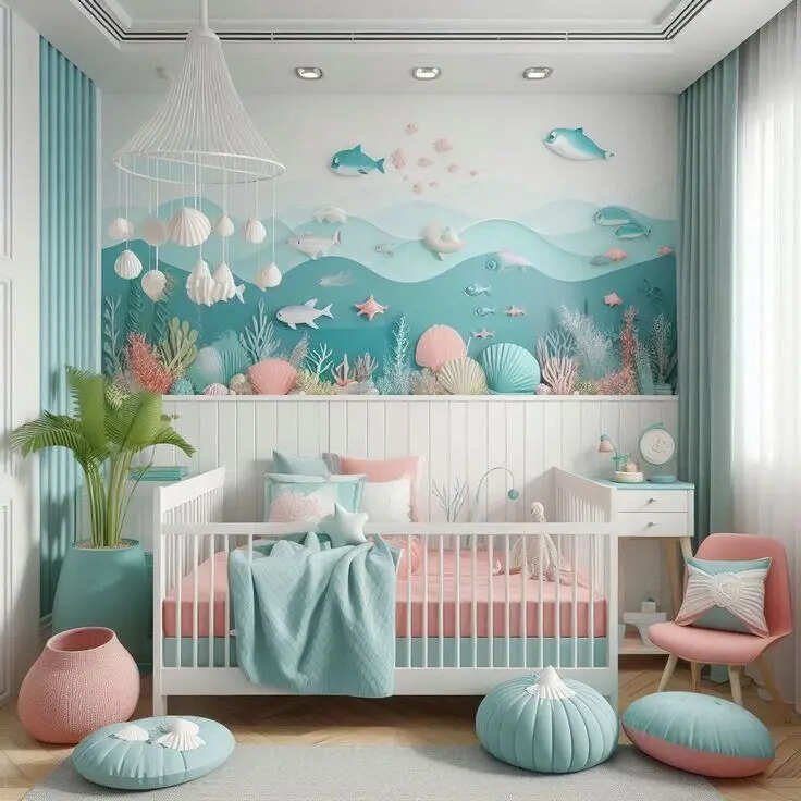 Complementary colours to pair with the primary shade, from cream and blush to soft sky blue, with practical tips on how to use them across walls, furniture and textiles of nursery