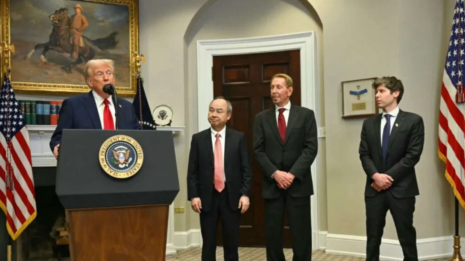 From left Donald Trump, President of US; Masayoshi Son, chairman and CEO of SoftBank; Larry Ellison, executive chairman of Oracle; and Sam Altman, CEO of OpenAI, announcing Project Stargate at the