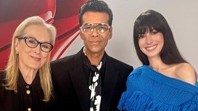 Filmmaker Karan Johar with Meryl Streep and Anne Hathaway during The Devil Wears Prada 2 promotional tour.