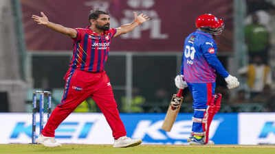 Lucknow Super Giants' Mohammed Shami, left, during the IPL match against Delhi Capitals. (PTI Photo) Mohammed Shami scripts IPL history, sets big record despite LSG defeat