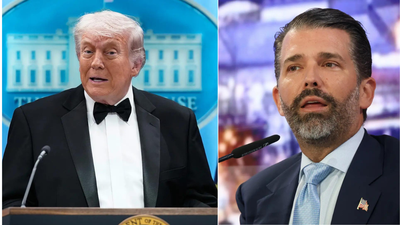 Donald Trump and Trump Jr (Images/Agencies) 'If I do attend, I get killed': Donald Trump says he 'has a thing called Iran' stopping him from attending son's wedding