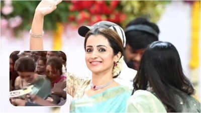 Trisha Krishnan gets mobbed while leaving Vijay's Tamil Nadu CM oath ceremony; handles the post-event frenzy with grace