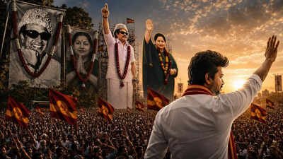 AI-generated image (For representative purposes only) Puratchi Thalaivar, Amma, Thalapathy: Why Tamil Nadu doesn’t just vote for leaders, it lives (and dies) for them