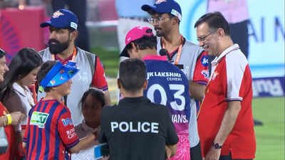 Sanjiv Goenka with Vaibhav Sooryavanshi after the match. (Video grab) Goenka chats with Sooryavanshi after Jaipur blitz; Gavaskar teases: ‘I’ll be bidding for you soon’