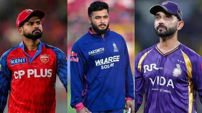 PBKS captain Shreyas Iyer (L), RR captain Riyan Parag (C) and KKR captain Ajinkya Rahane (R) IPL 2026 playoff race: After RR win, what PBKS, CSK, DC and KKR need to do to grab the final qualification spot