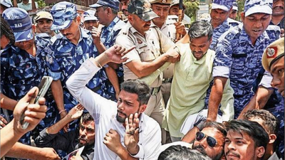 A protest against the NEET paper leak in New Delhi on Wednesday. Bolster system in 20 days for secure test, govt tells NTA