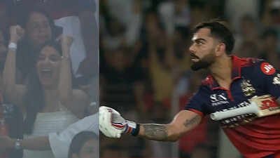 Anushka Sharma celebrates after Virat Kohli finishes off the chase in style. (Video grabs) Watch: Virat Kohli seals title with six, Anushka Sharma erupts in wild celebration as RCB defend IPL crown