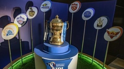 IPL Trophy during the 2021 Indian Premier League player auction, at the Hotel ITC Grand Chola in Chennai, on Thursday. (ANI Photo/IPL Twitter)