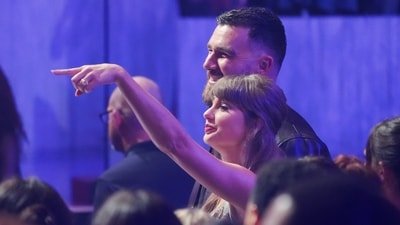 Taylor Swift, left, and Travis Kelce seen in the audience during the IHeartRadio Music Awards on Thursday, March 26, 2026, at the Dolby Theatre in Los Angeles. (Chris Pizzello/Invision/AP)