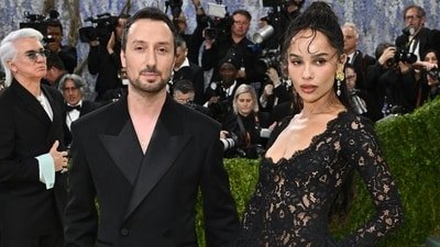 Zoë Kravitz arrives at the 2026 Met Gala alongside Saint Laurent creative director Anthony Vaccarello. (Evan Agostini/Invision/AP)