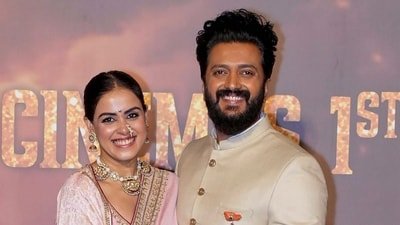 Raja Shivaji box office collection day 3: Actors Riteish Deshmukh and Genelia Deshmukh at the trailer launch of the film. (ANI Photo) (Sunil Khandare)