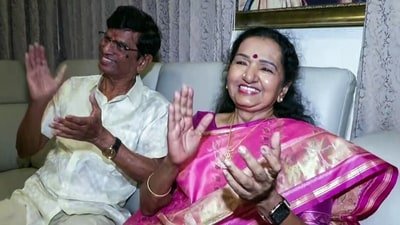Parents of Tamilaga Vettri Kazhagam (TVK) President Vijay celebrate as his party leads during vote counting for the Tamil Nadu assembly elections, in Chennai on Monday. (ANI Video Grab) (ANI Video Grab)