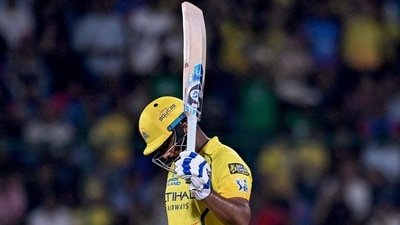 Chennai Super Kings' Sanju Samson celebrates his half-century during the Indian Premier League 2026 match against Delhi Capitals (Rahul Singh)