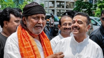 West Bengal Chief Minister Suvendu Adhikari meets actor and BJP leader Mithun Chakraborty at his residence, in Kolkata. (ANI Photo) (Saikat Paul)