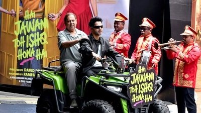 Varun Dhawan rides with filmmaker David Dhawan during the trailer launch of their film Hai Jawani Toh Ishq Hona Hai, in Mumbai on Saturday. (ANI Photo) (girish srivastav)
