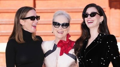 Emily Blunt, from left, Meryl Streep and Anne Hathaway pose for photographers at the photo call for the film "The Devil Wears Prada 2" in London, Friday, April 24, 2026. AP/PTI(AP04_24_2026_000493B) (Scott A Garfitt/Invision/AP)