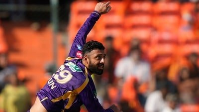 Varun Chakaravarthy during the SRH vs KKR match in IPL 2026. (AP)